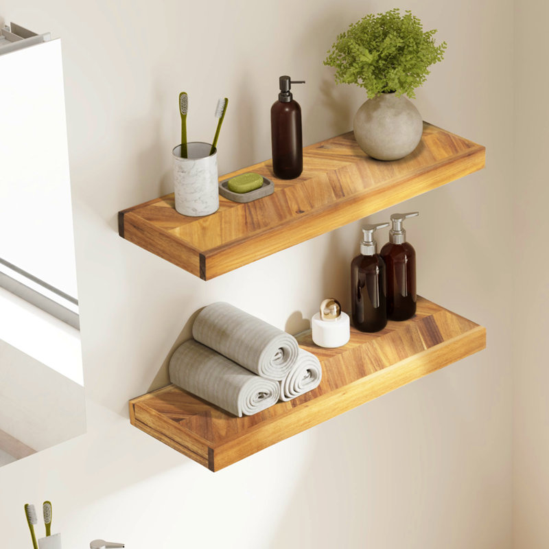 Jenevieve 2 Pieces Acacia Solid Wood Chevron Floating Shelves for Wall Decor Kitchen Bathroom Workspace Gracie Oaks Size 1.5 H x 48 W x 8 D